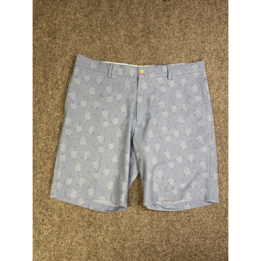 Men's Peter Millar Crown Blue Palm Leaf Print Golf Shorts Size 35 Stretch